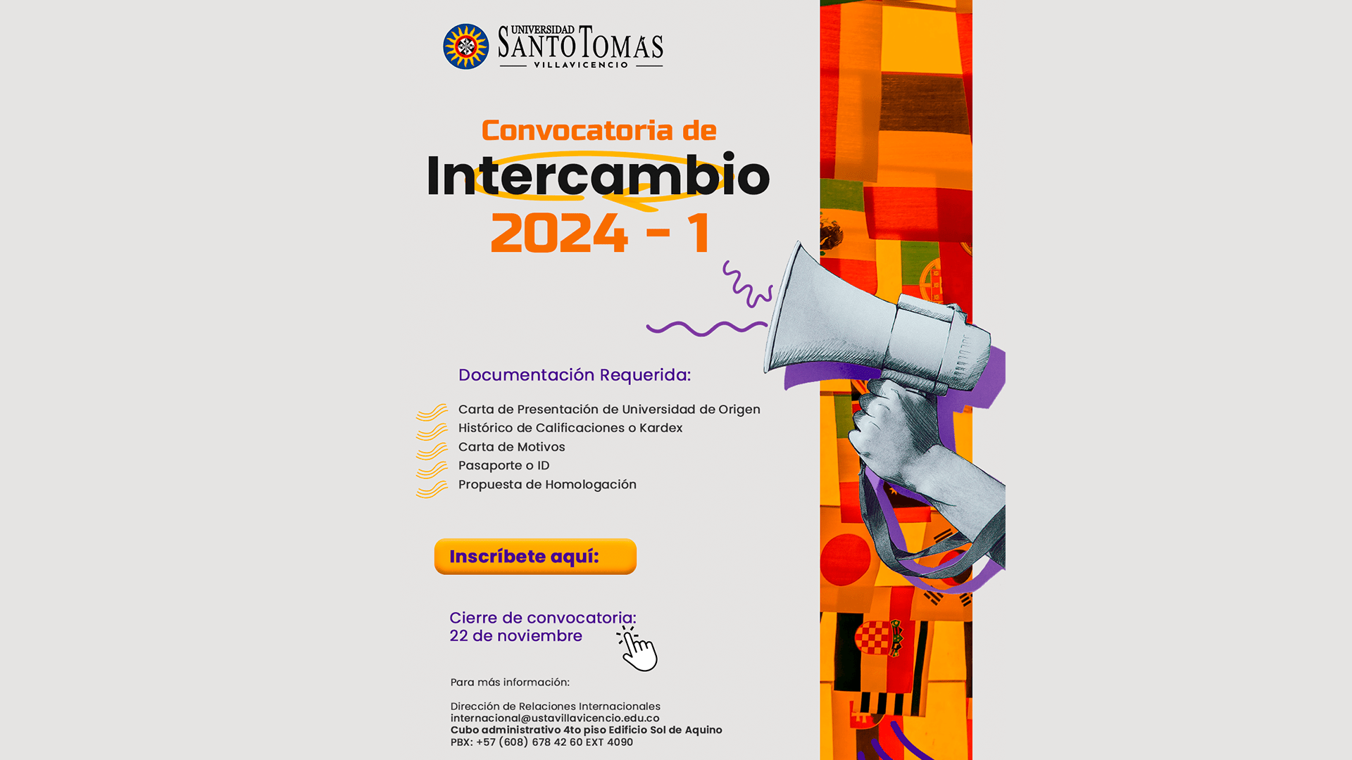 Convocatoria de intercambio 2024-1 de la Universidad Santo Tomás Villavicencio